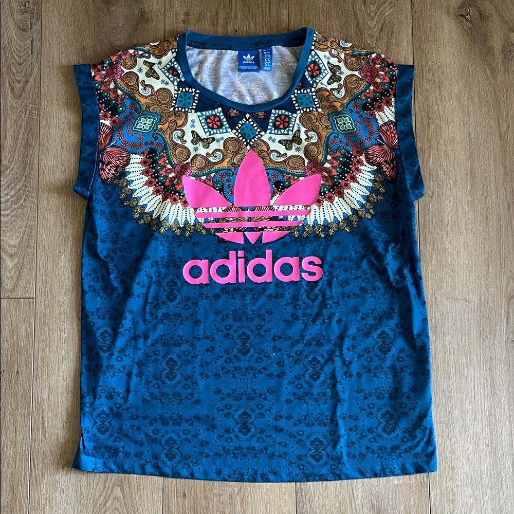 Adidas + Farm Rios Blue and Pink Graphic Tee